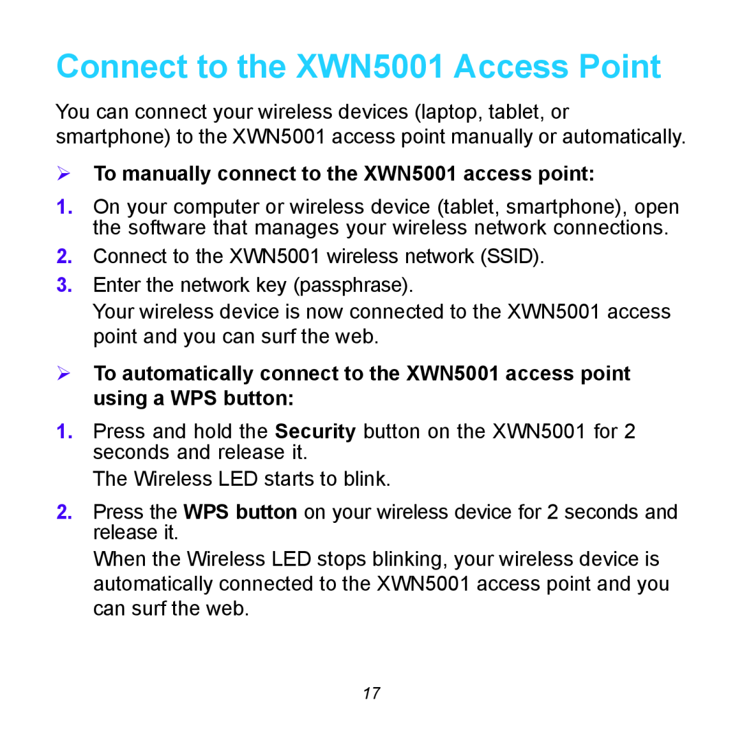 NETGEAR XWNB5602 Connect to the XWN5001 Access Point,  To manually connect to the XWN5001 access point 