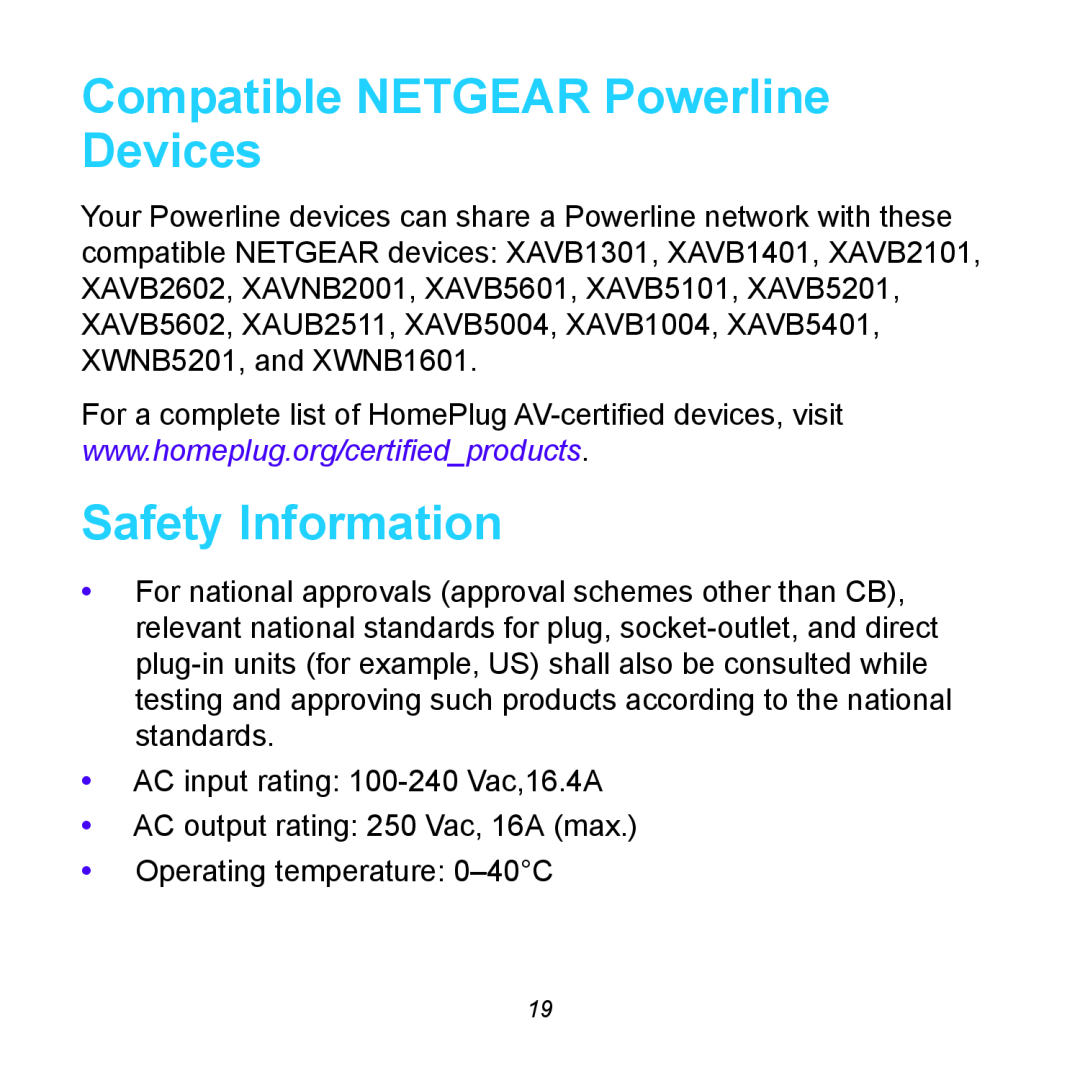 NETGEAR XWNB5602 manual Compatible NETGEAR Powerline Devices, Safety Information 