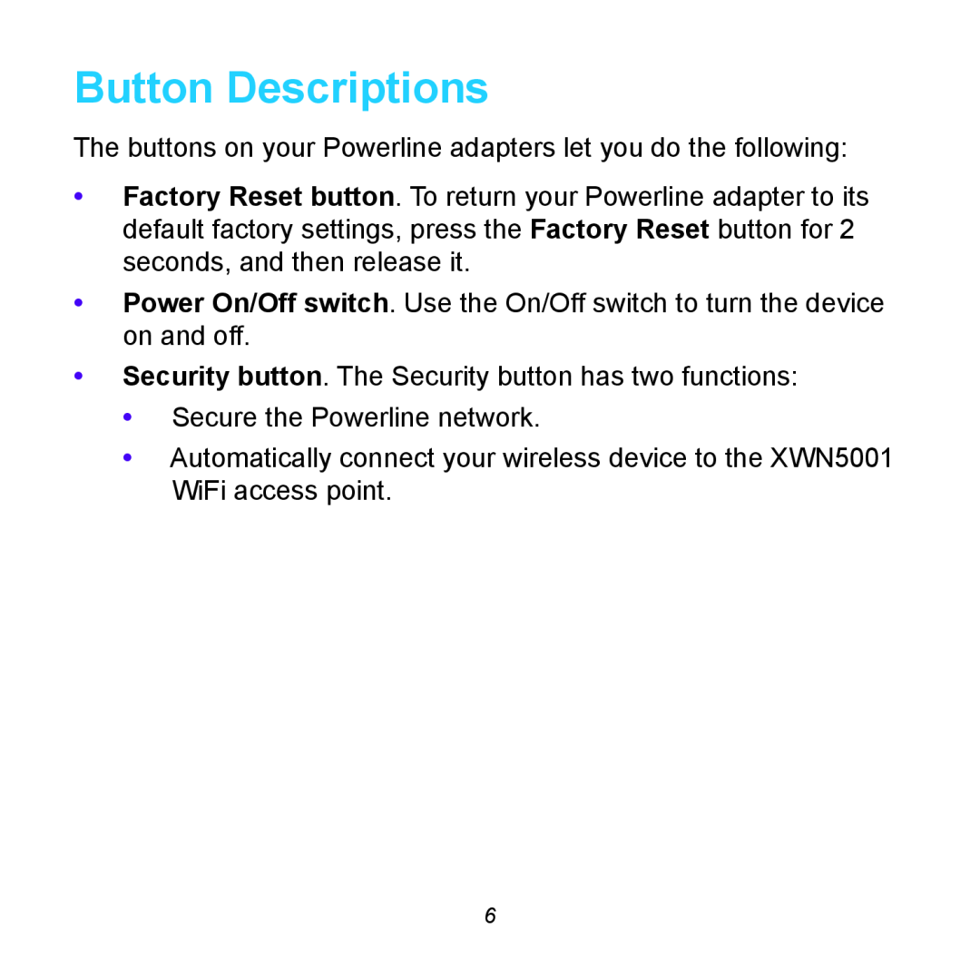 NETGEAR XWNB5602 manual Button Descriptions 
