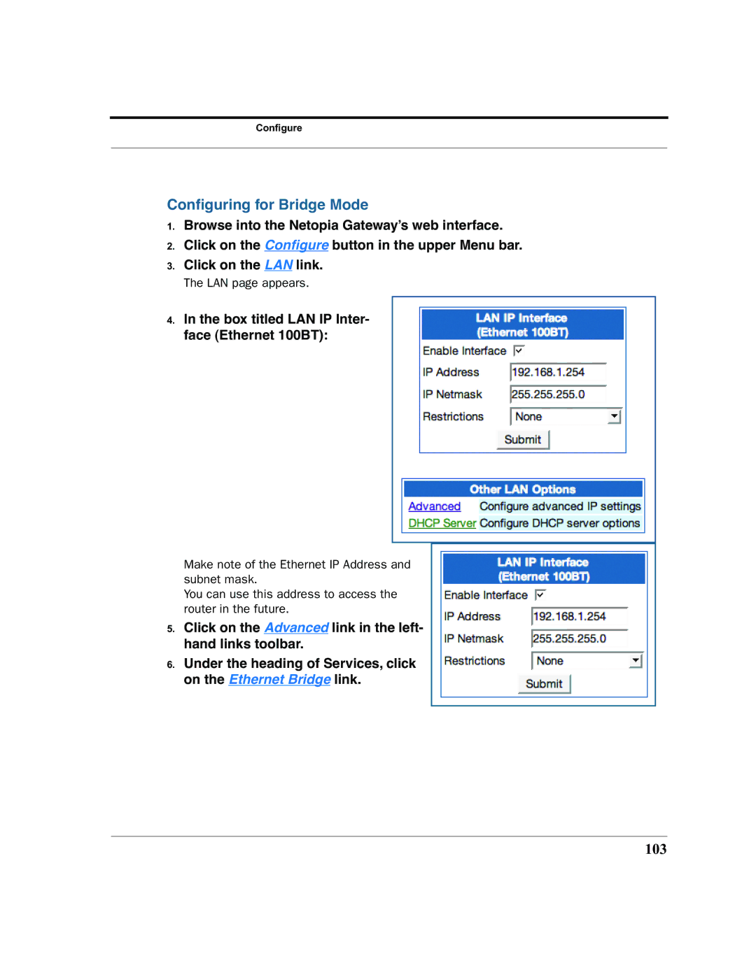 Netopia 2200 manual Conﬁguring for Bridge Mode, 103 