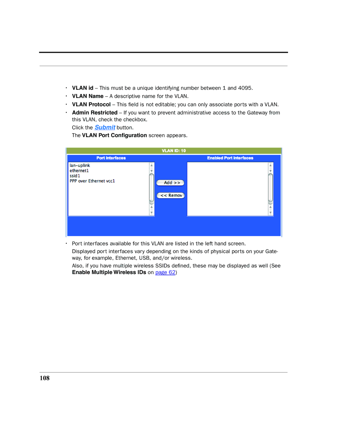 Netopia 2200 manual 108, Vlan Port Conﬁguration screen appears, Enable Multiple Wireless IDs on 