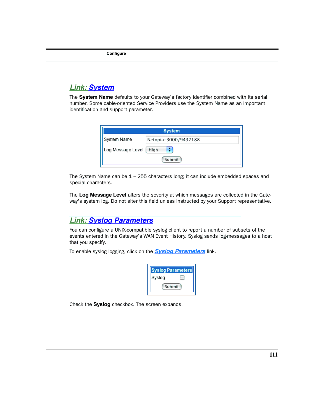 Netopia 2200 manual Link Syslog Parameters, 111 