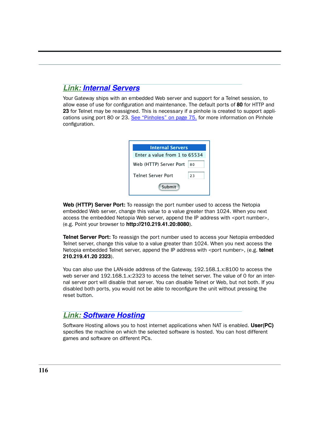 Netopia 2200 manual Link Internal Servers, Link Software Hosting, 116 