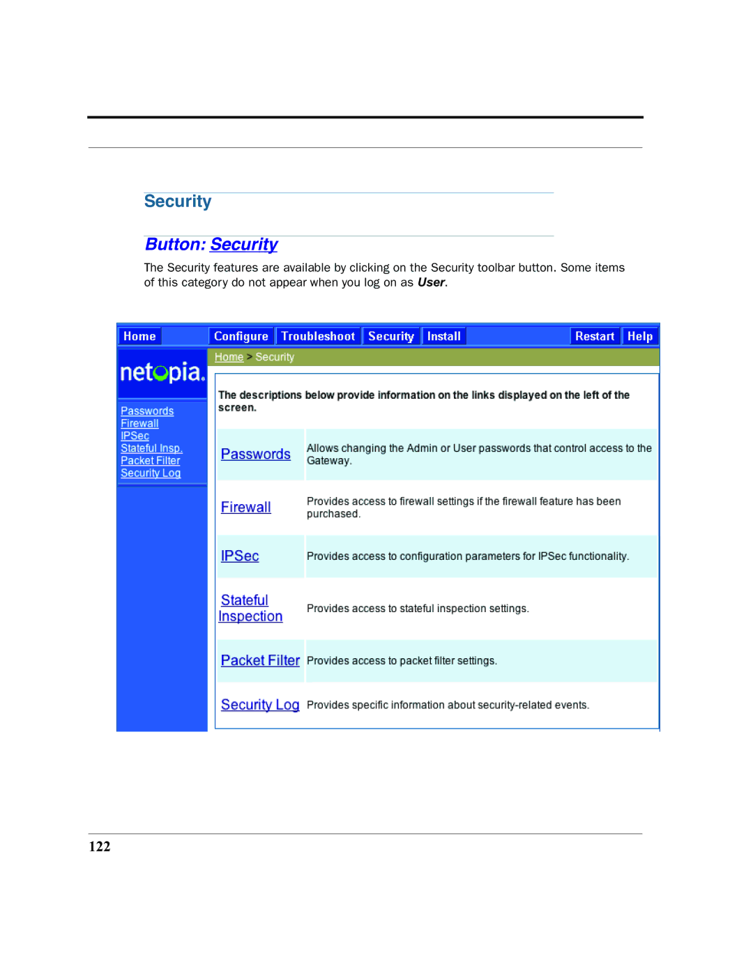 Netopia 2200 manual Button Security, 122 