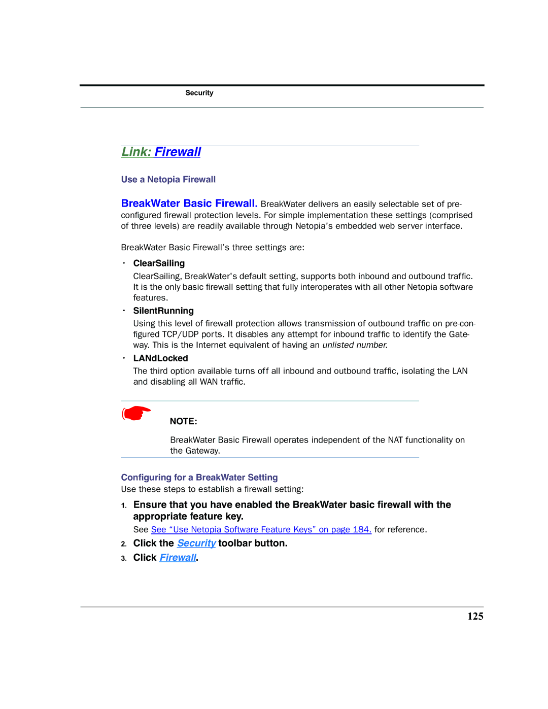 Netopia 2200 manual Link Firewall, 125, Use a Netopia Firewall, Conﬁguring for a BreakWater Setting 