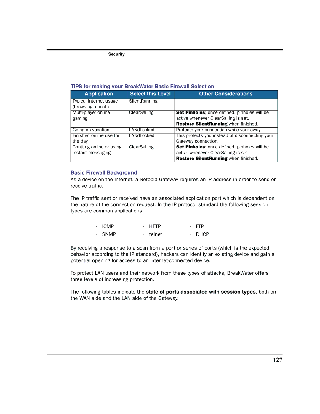 Netopia 2200 manual 127, Tips for making your BreakWater Basic Firewall Selection, Basic Firewall Background 