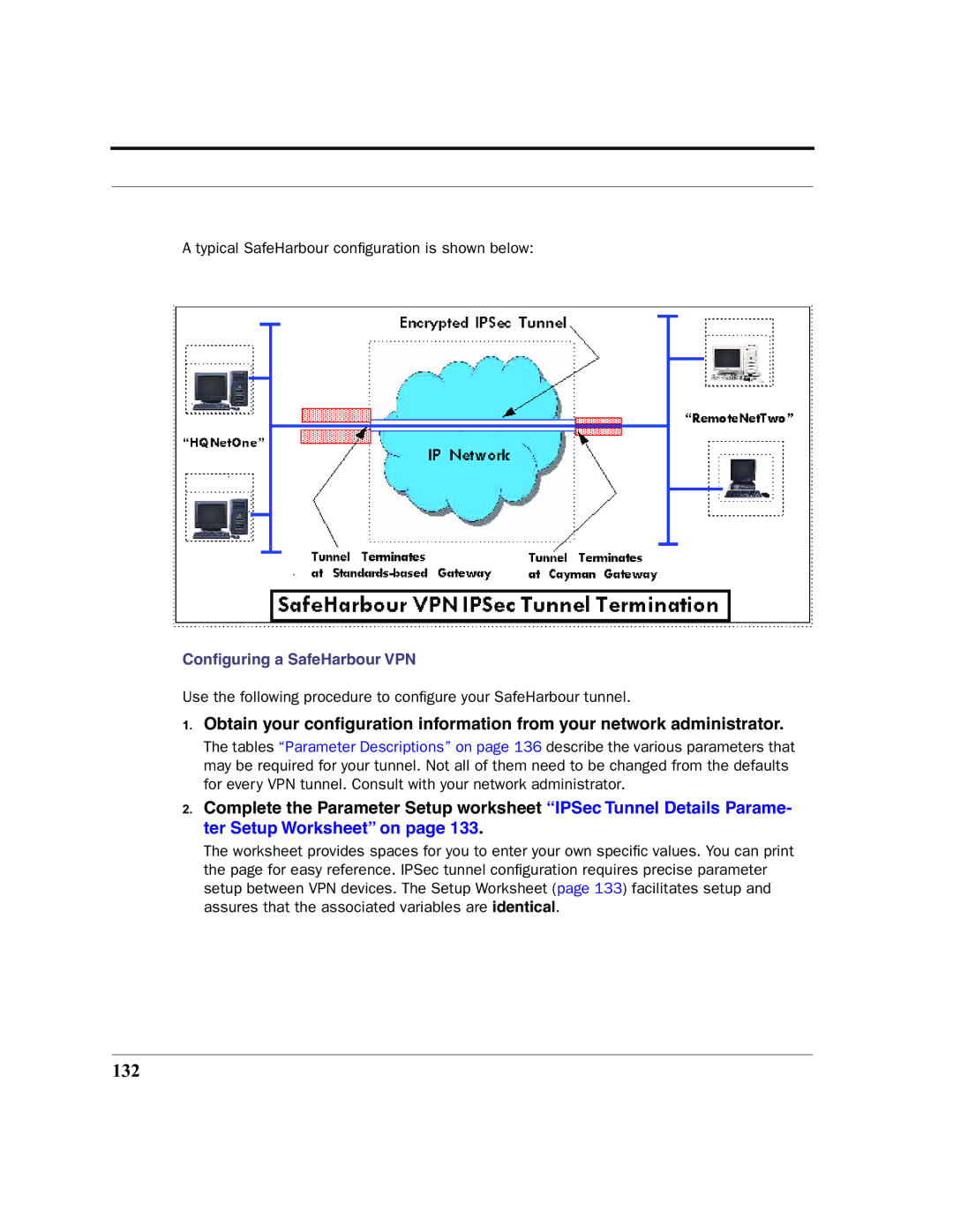 Netopia 2200 manual 132, Conﬁguring a SafeHarbour VPN 