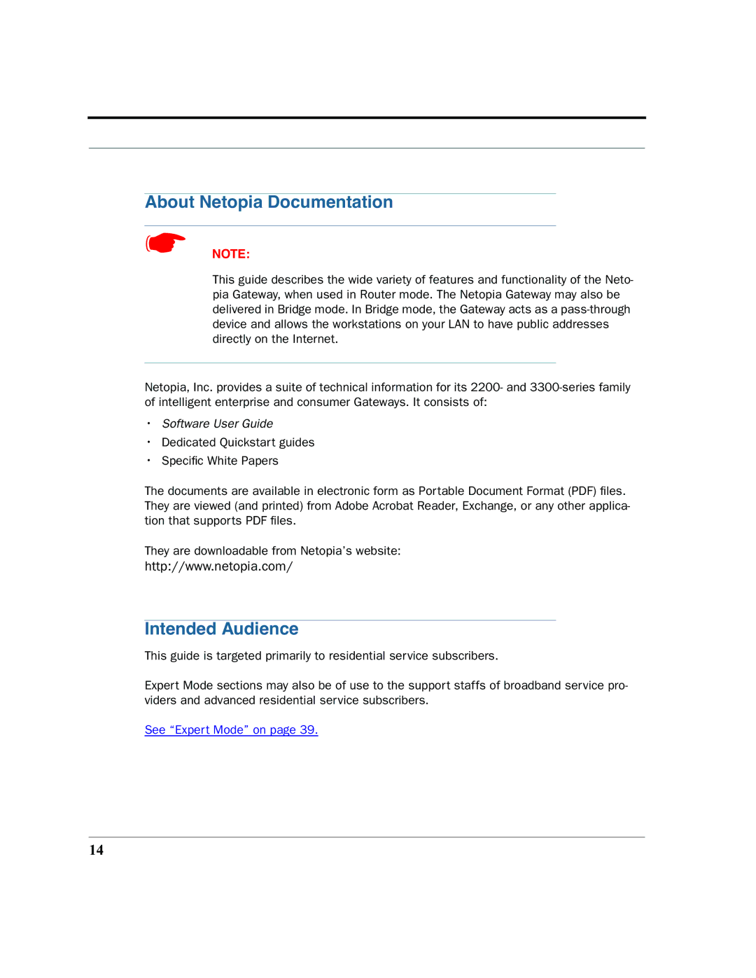 Netopia 2200 manual About Netopia Documentation, Intended Audience 