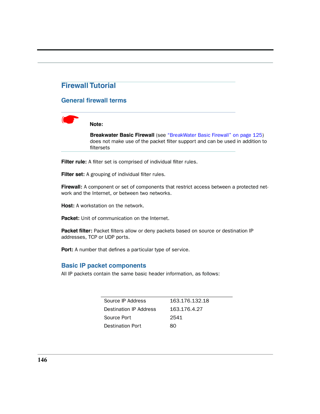 Netopia 2200 manual Firewall Tutorial, General ﬁrewall terms, Basic IP packet components, 146 