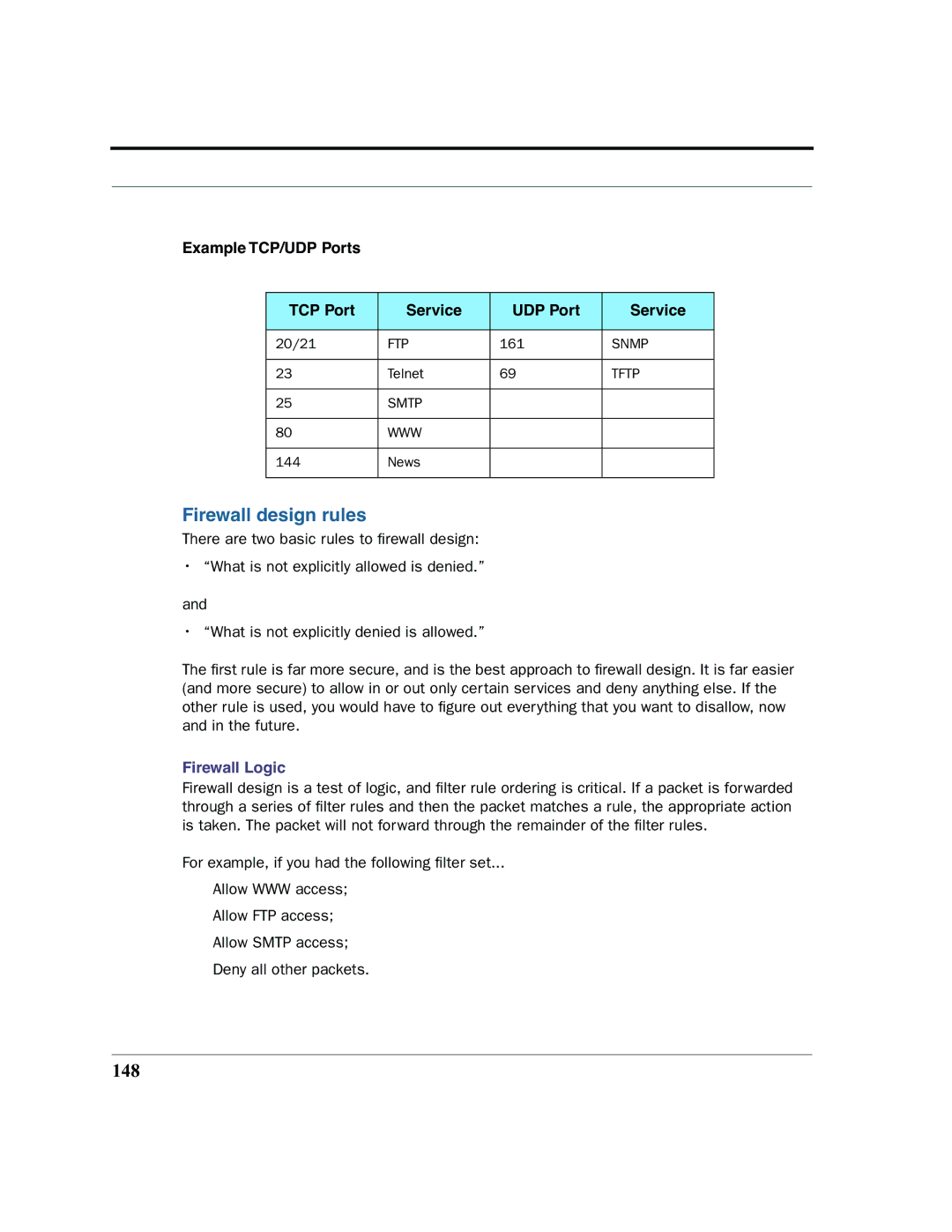 Netopia 2200 manual Firewall design rules, 148, Example TCP/UDP Ports TCP Port Service, Firewall Logic 