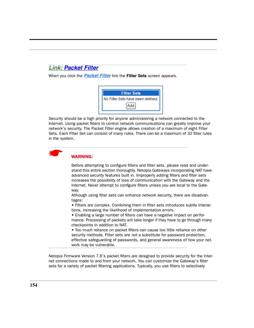 Netopia 2200 manual Link Packet Filter, 154 