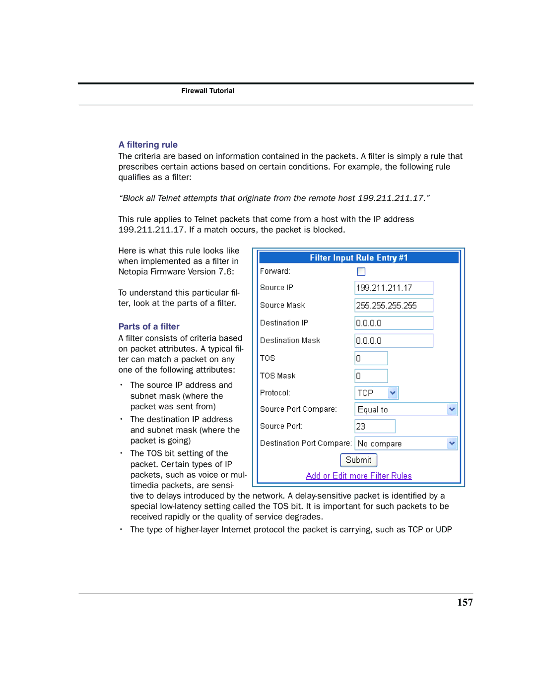 Netopia 2200 manual 157, ﬁltering rule, Parts of a ﬁlter 