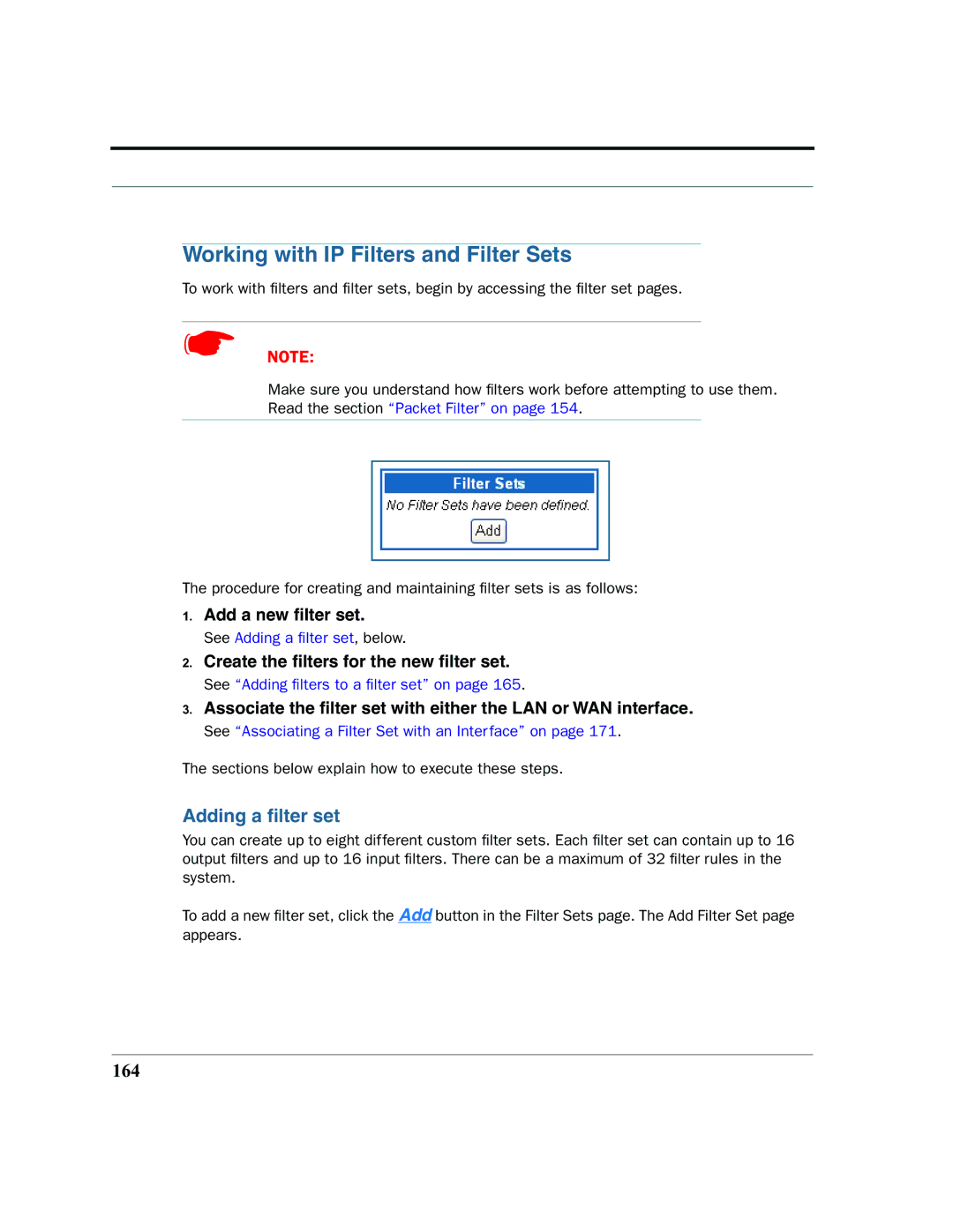 Netopia 2200 manual Working with IP Filters and Filter Sets, Adding a ﬁlter set, 164 