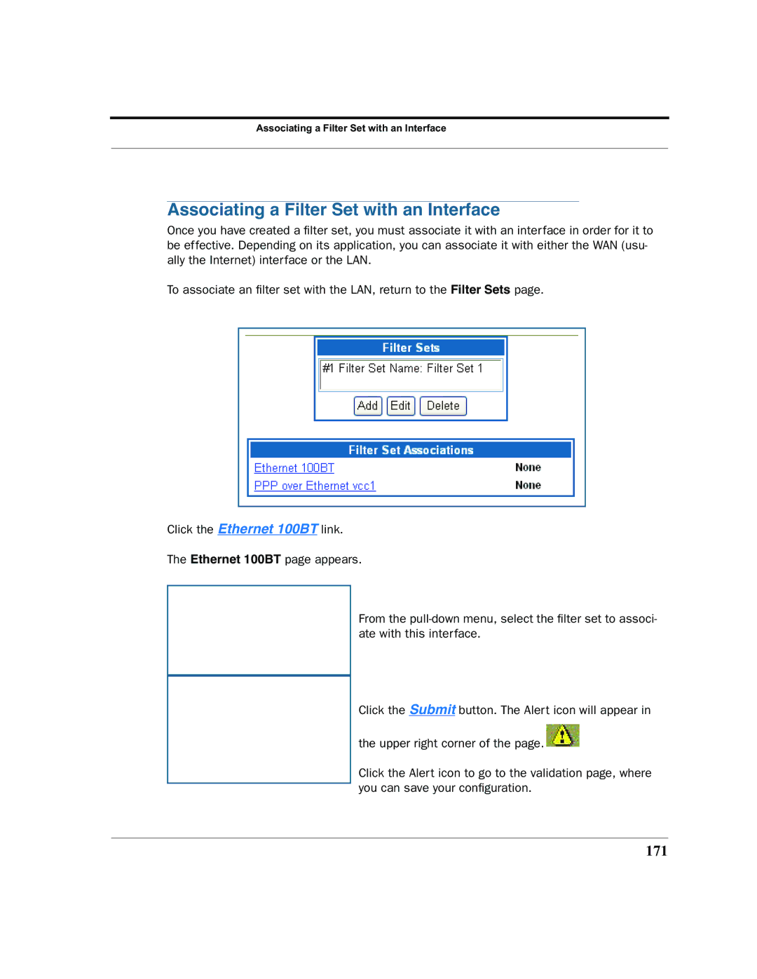 Netopia 2200 manual Associating a Filter Set with an Interface, 171 