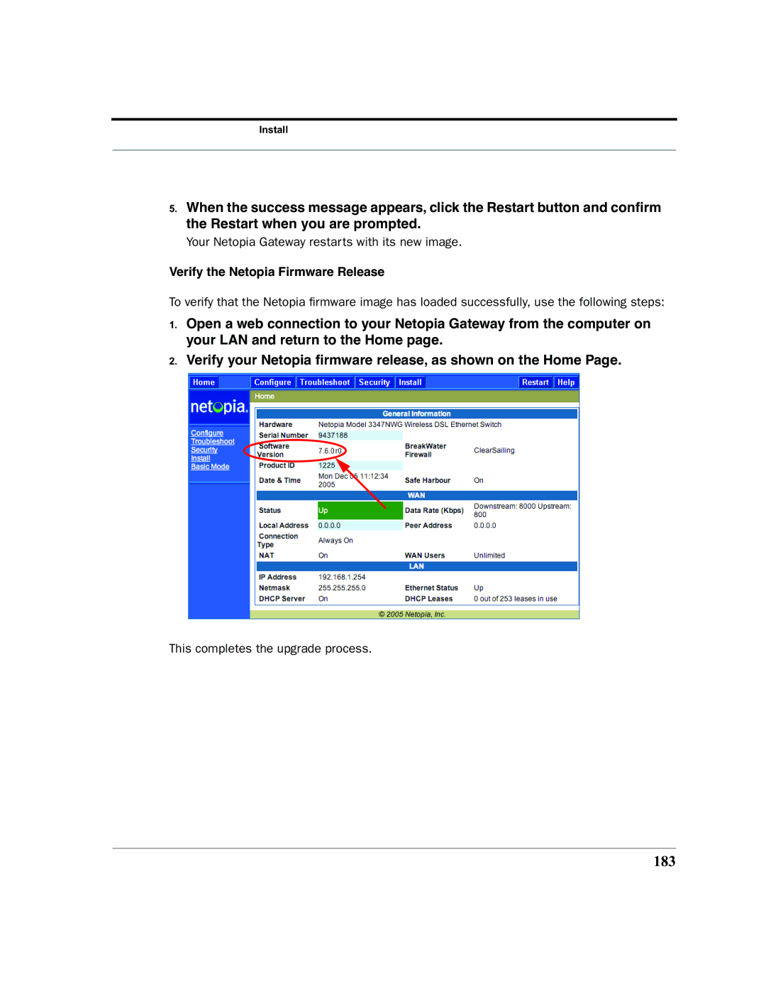 Netopia 2200 manual 183, Verify the Netopia Firmware Release 