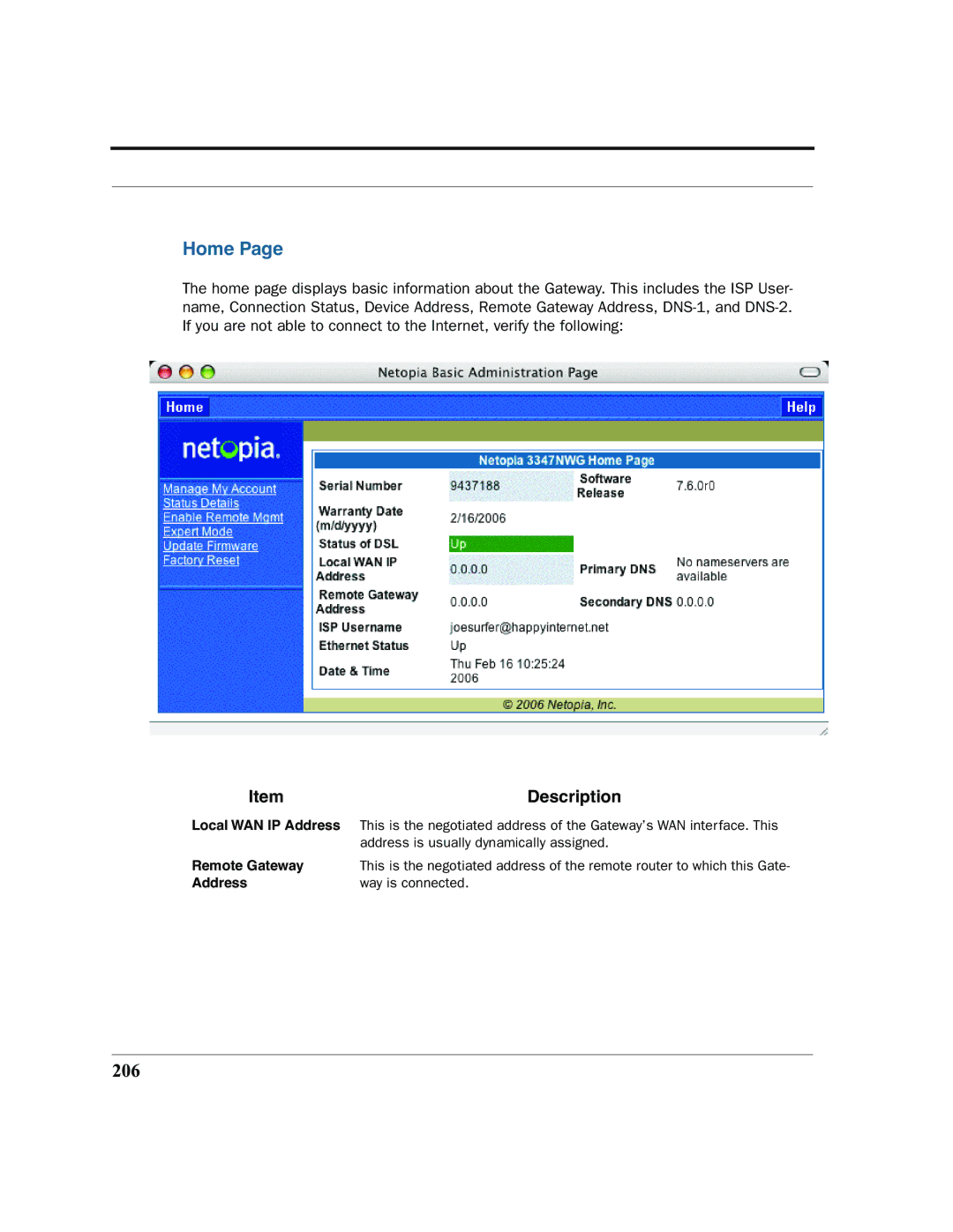 Netopia 2200 manual Home, 206 