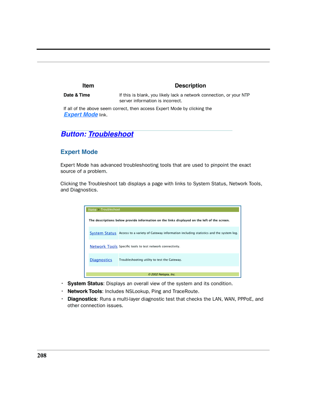 Netopia 2200 manual Button Troubleshoot, Expert Mode, 208 