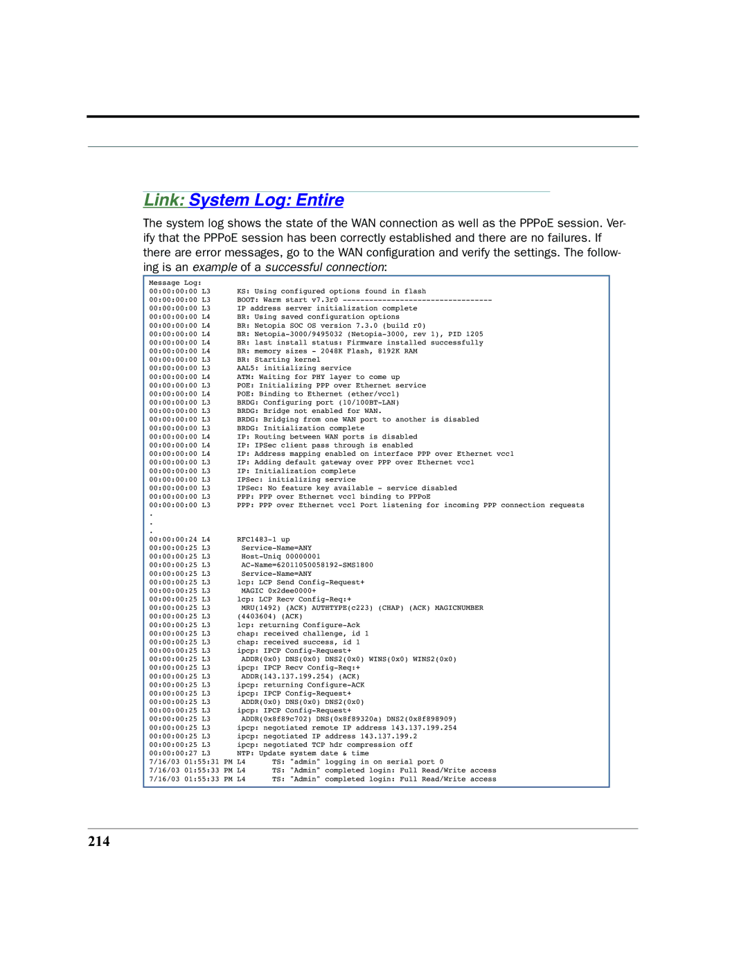 Netopia 2200 manual Link System Log Entire, 214 