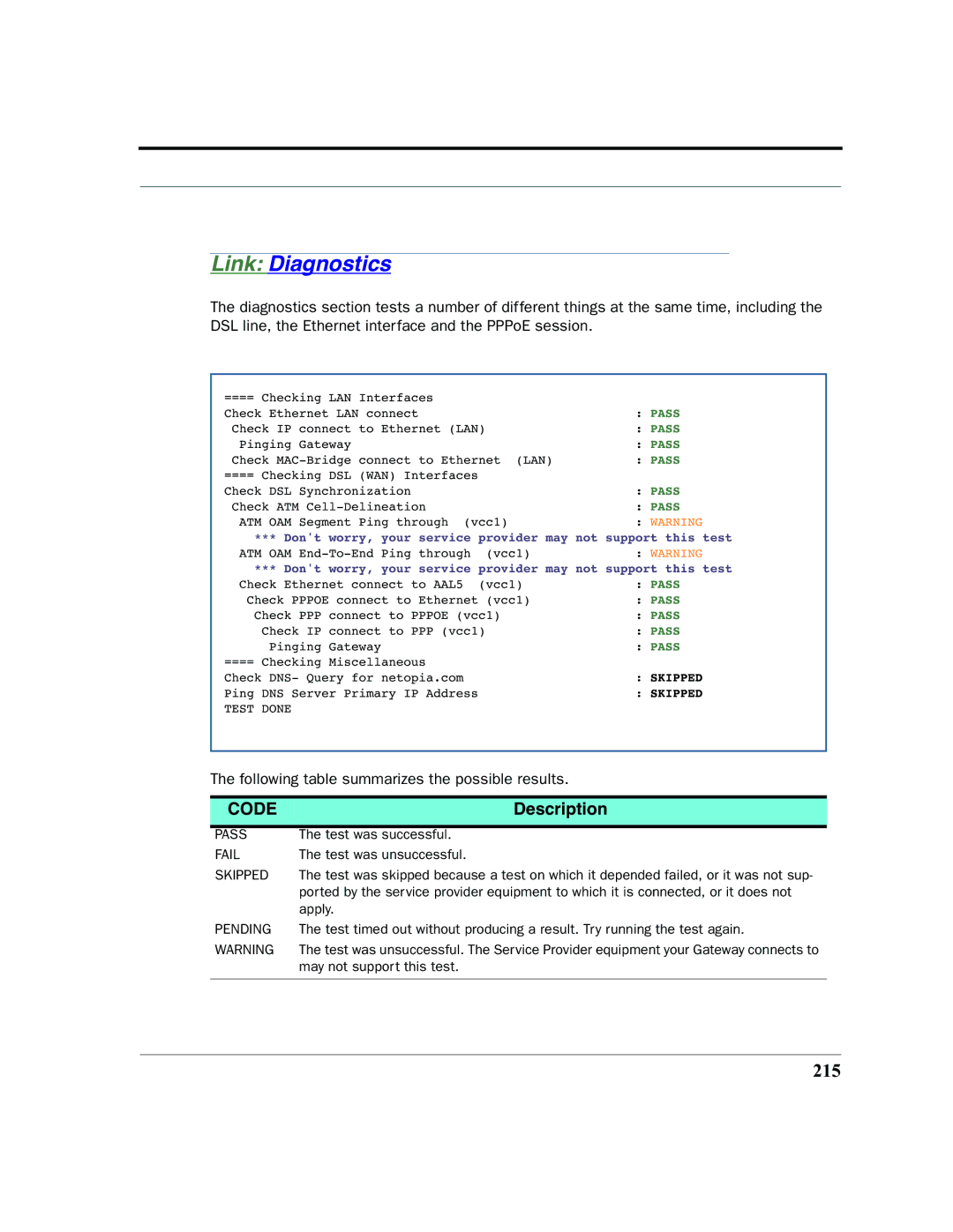 Netopia 2200 manual Link Diagnostics, 215 