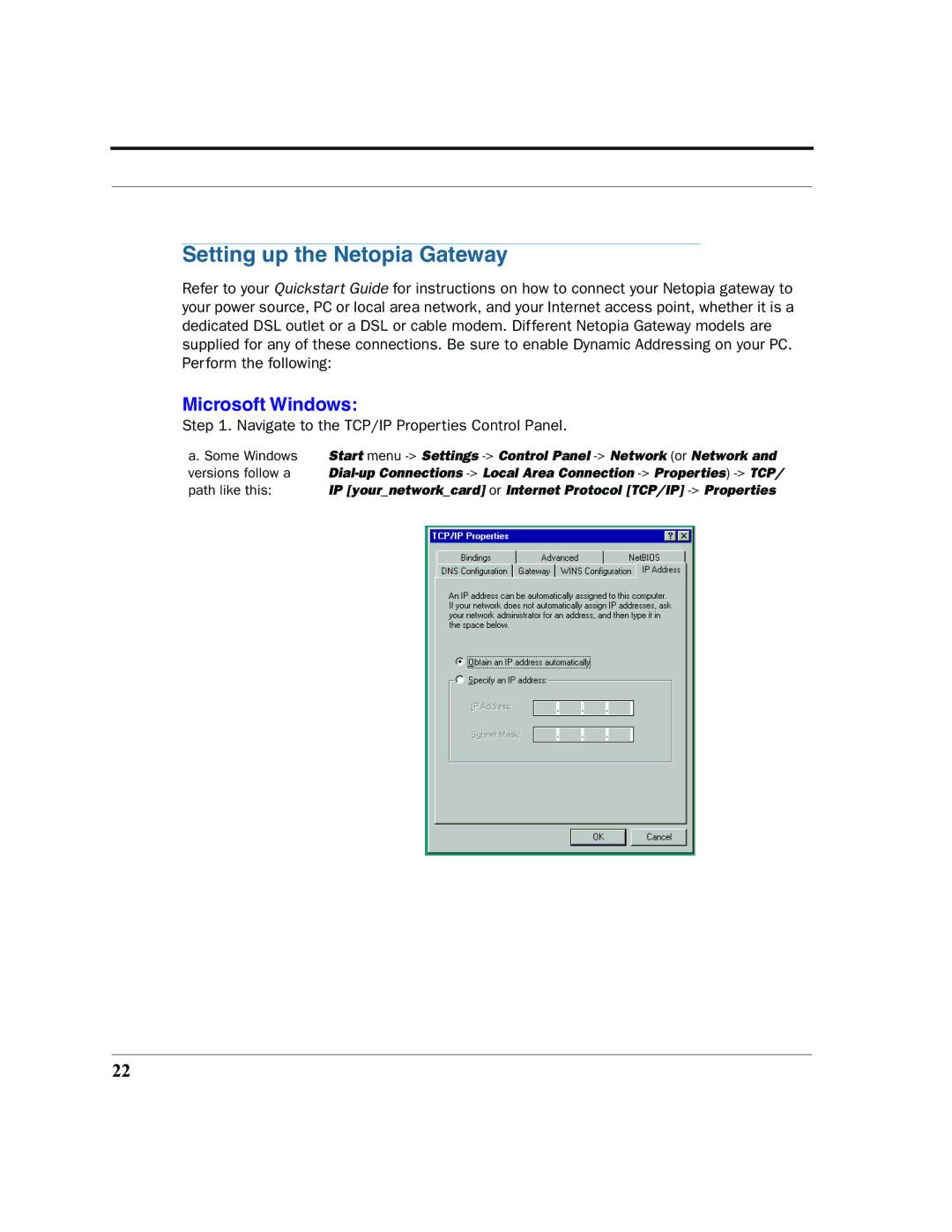 Netopia 2200 manual Setting up the Netopia Gateway, Microsoft Windows 