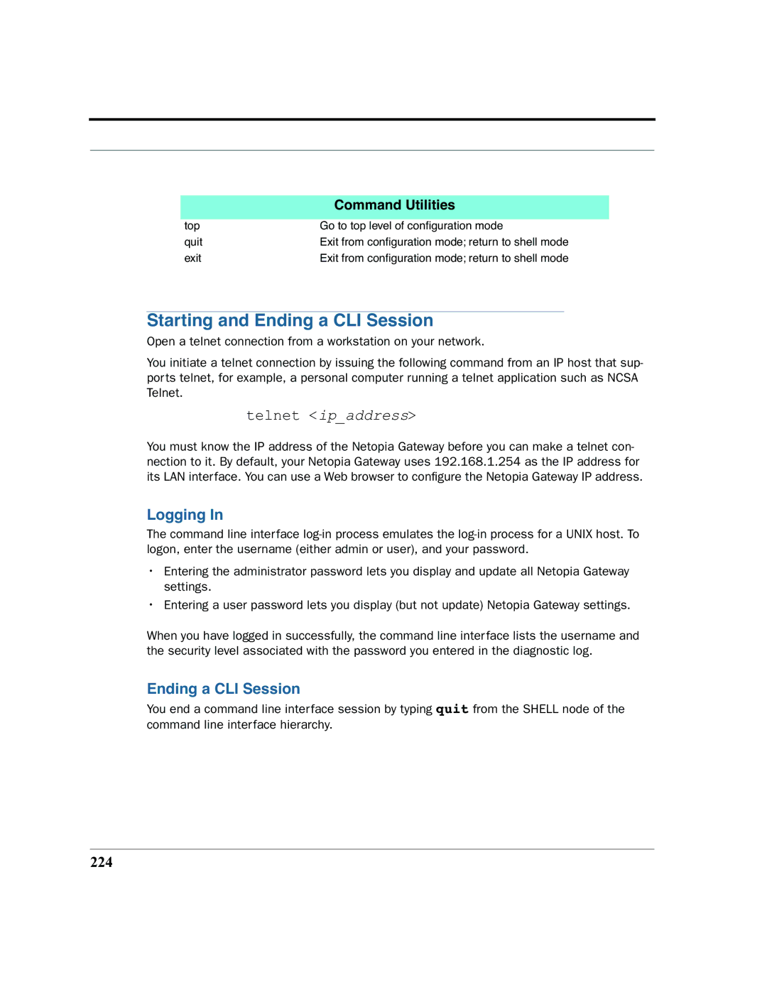 Netopia 2200 manual Starting and Ending a CLI Session, Logging, 224 