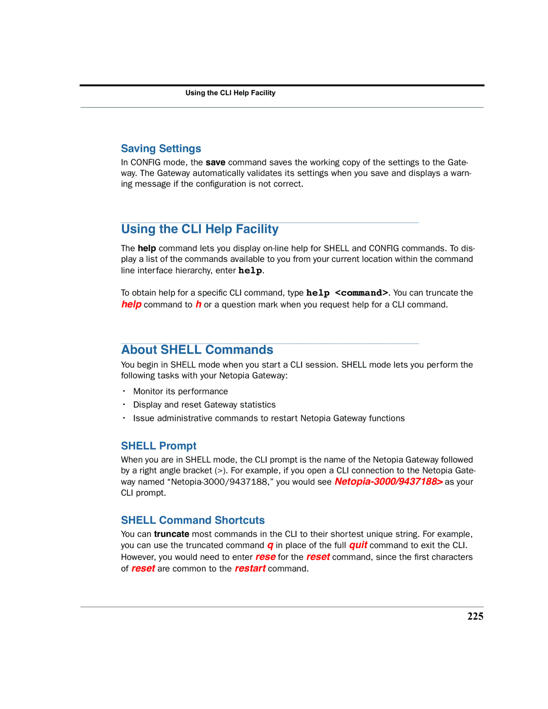 Netopia 2200 Using the CLI Help Facility, About Shell Commands, Saving Settings, Shell Prompt, Shell Command Shortcuts 
