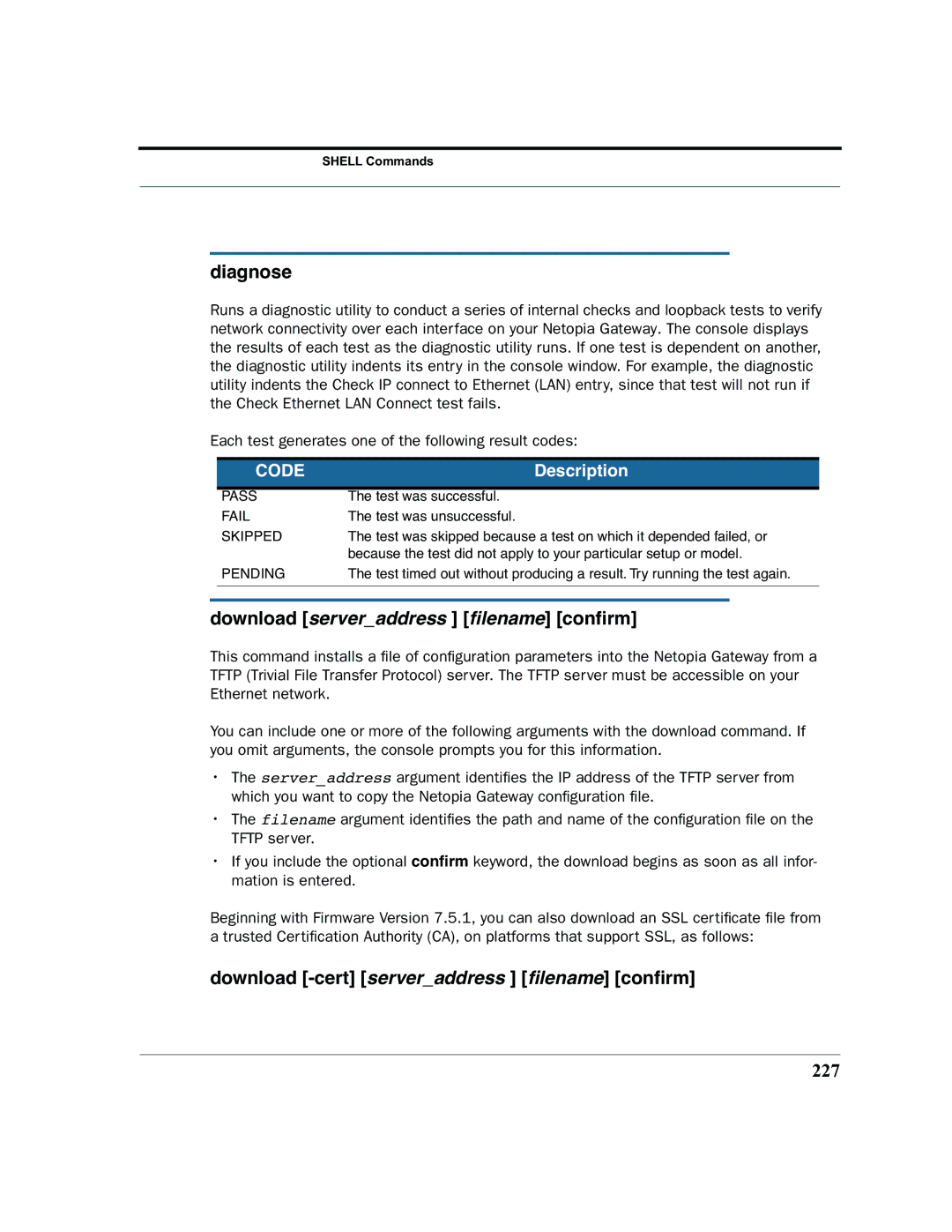 Netopia 2200 manual Diagnose, Download serveraddress ﬁlename conﬁrm, Download -cert serveraddress ﬁlename conﬁrm, 227 