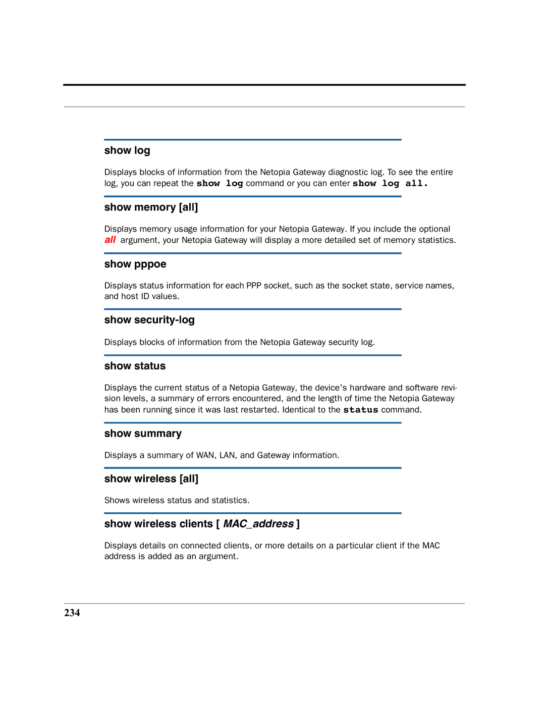 Netopia 2200 manual Show log, Show memory all, Show pppoe, Show security-log, Show status, Show summary, Show wireless all 