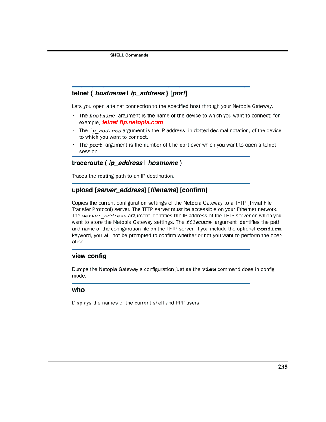 Netopia 2200 manual Upload serveraddress ﬁlename conﬁrm, View conﬁg, Who, 235 