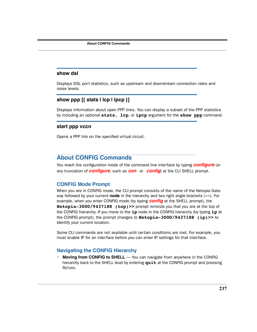 Netopia 2200 manual About Config Commands, Config Mode Prompt, Navigating the Config Hierarchy 