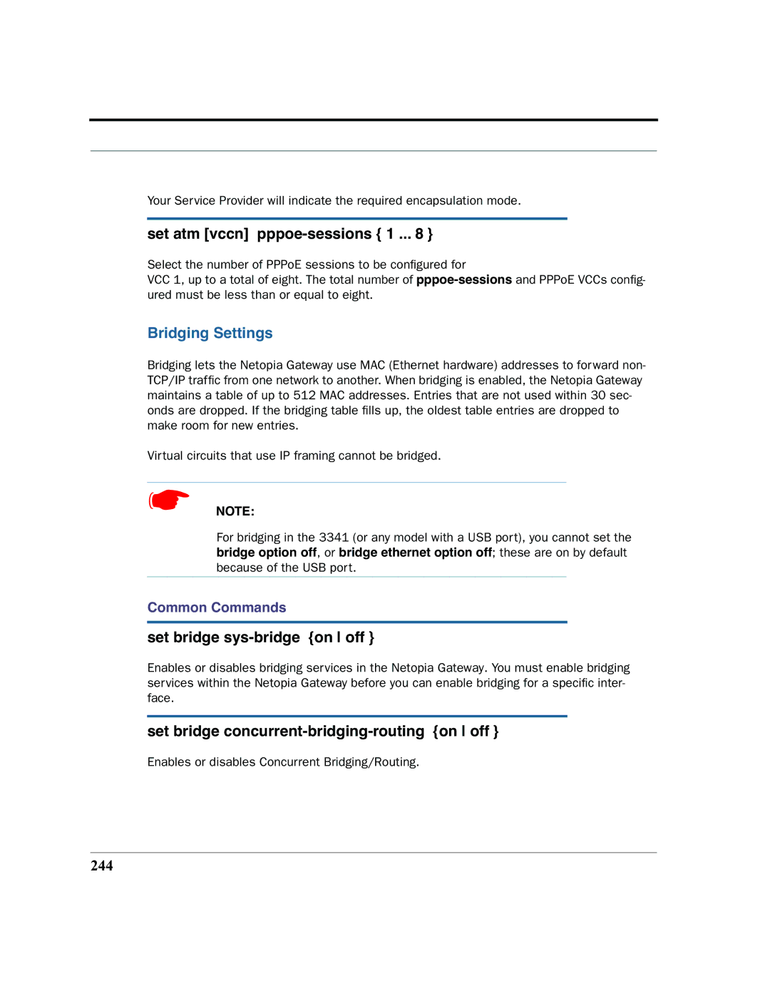 Netopia 2200 manual Set atm vccn pppoe-sessions 1, Bridging Settings, Set bridge sys-bridge on off, 244 