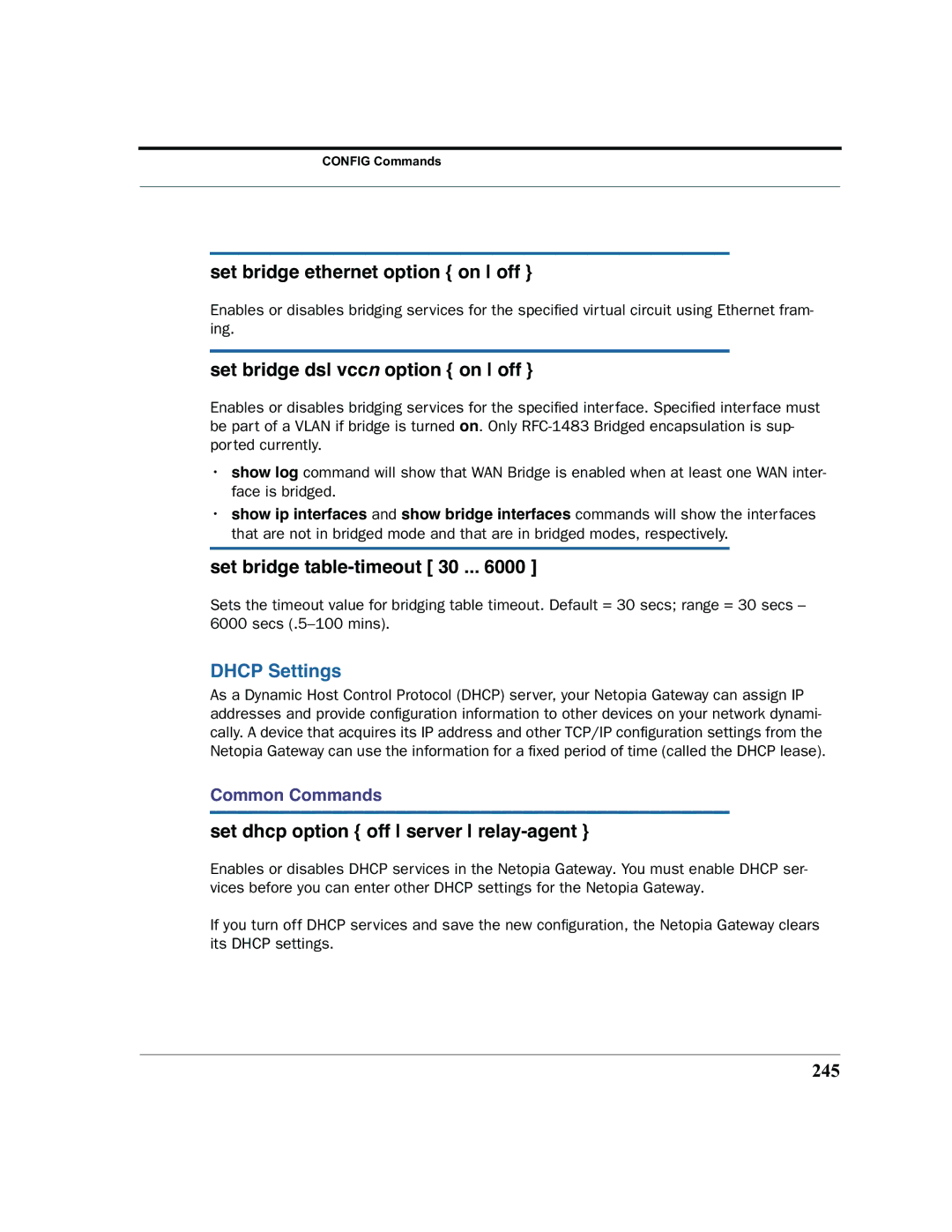 Netopia 2200 manual Set bridge ethernet option on off, Set bridge dsl vccn option on off, Set bridge table-timeout 30 