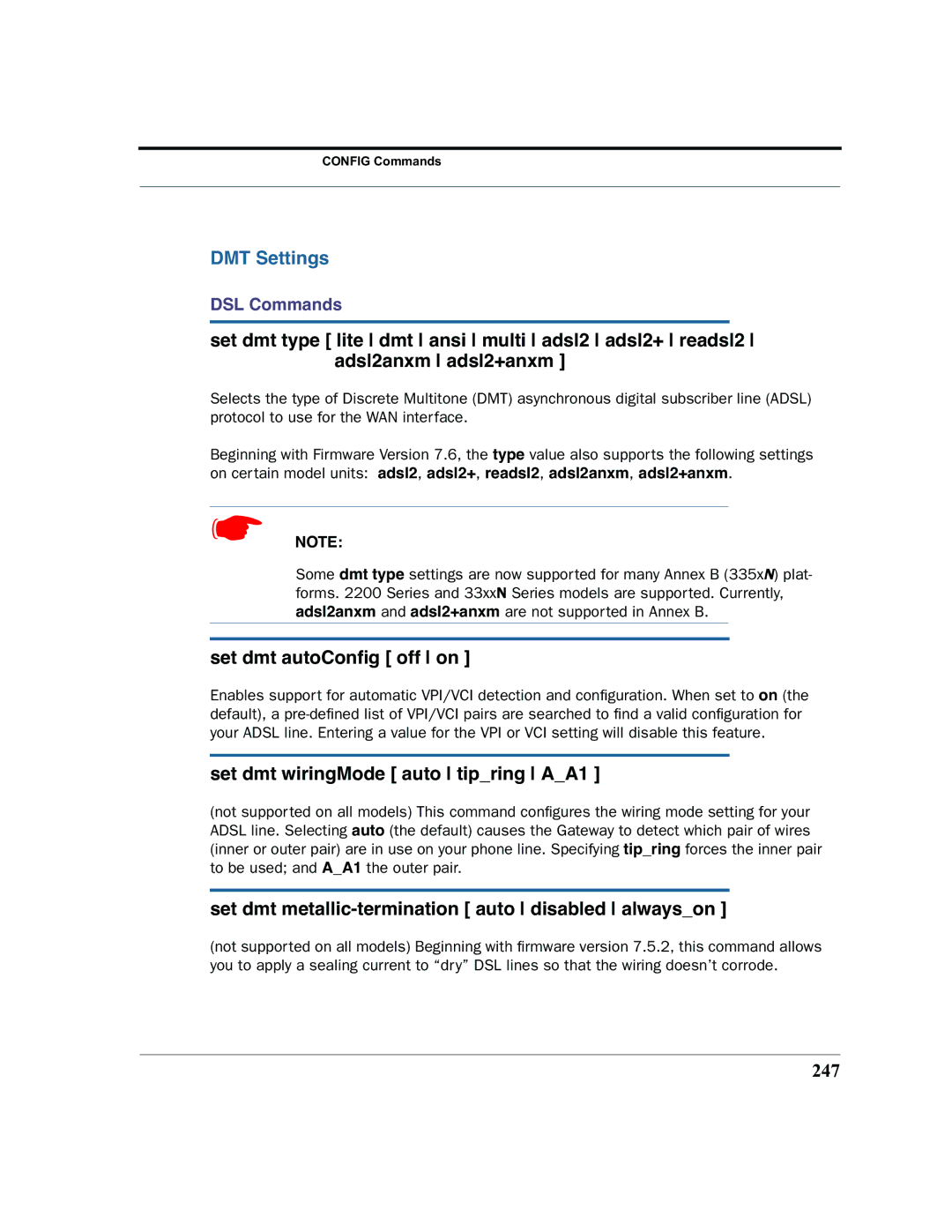 Netopia 2200 manual DMT Settings, Set dmt autoConﬁg off on, Set dmt wiringMode auto tipring AA1, 247 