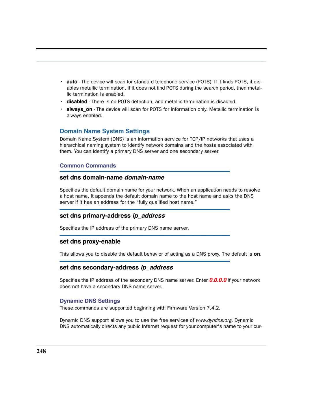 Netopia 2200 manual Domain Name System Settings, Set dns domain-name domain-name, Set dns primary-address ipaddress 