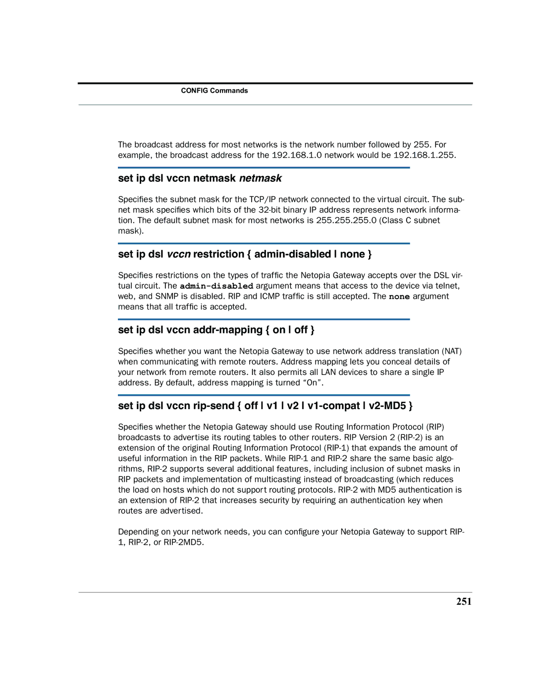 Netopia 2200 manual Set ip dsl vccn netmask netmask, Set ip dsl vccn restriction admin-disabled none, 251 