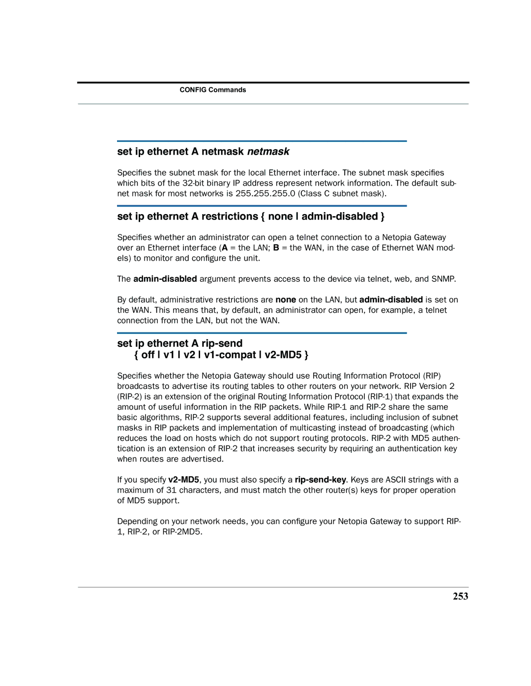 Netopia 2200 manual Set ip ethernet a netmask netmask, Set ip ethernet a restrictions none admin-disabled, 253 