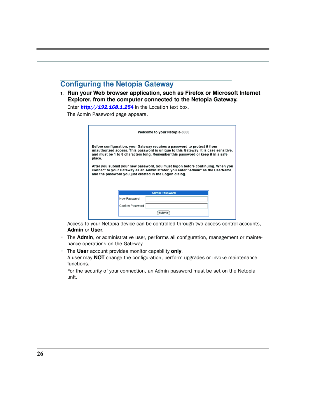 Netopia 2200 manual Conﬁguring the Netopia Gateway 