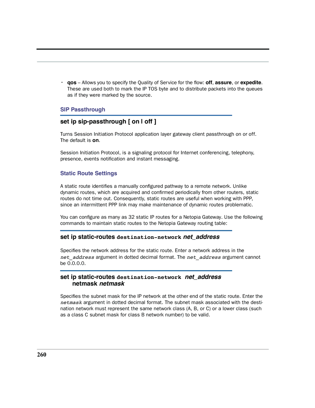 Netopia 2200 manual Set ip sip-passthrough on off, Set ip static-routes destination-networknetaddress, 260 