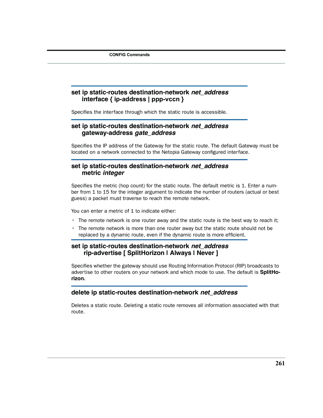 Netopia 2200 manual Delete ip static-routes destination-network netaddress, 261 