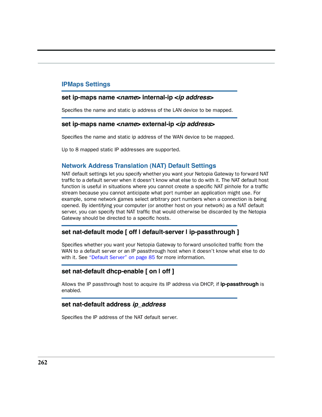 Netopia 2200 manual IPMaps Settings, Network Address Translation NAT Default Settings 