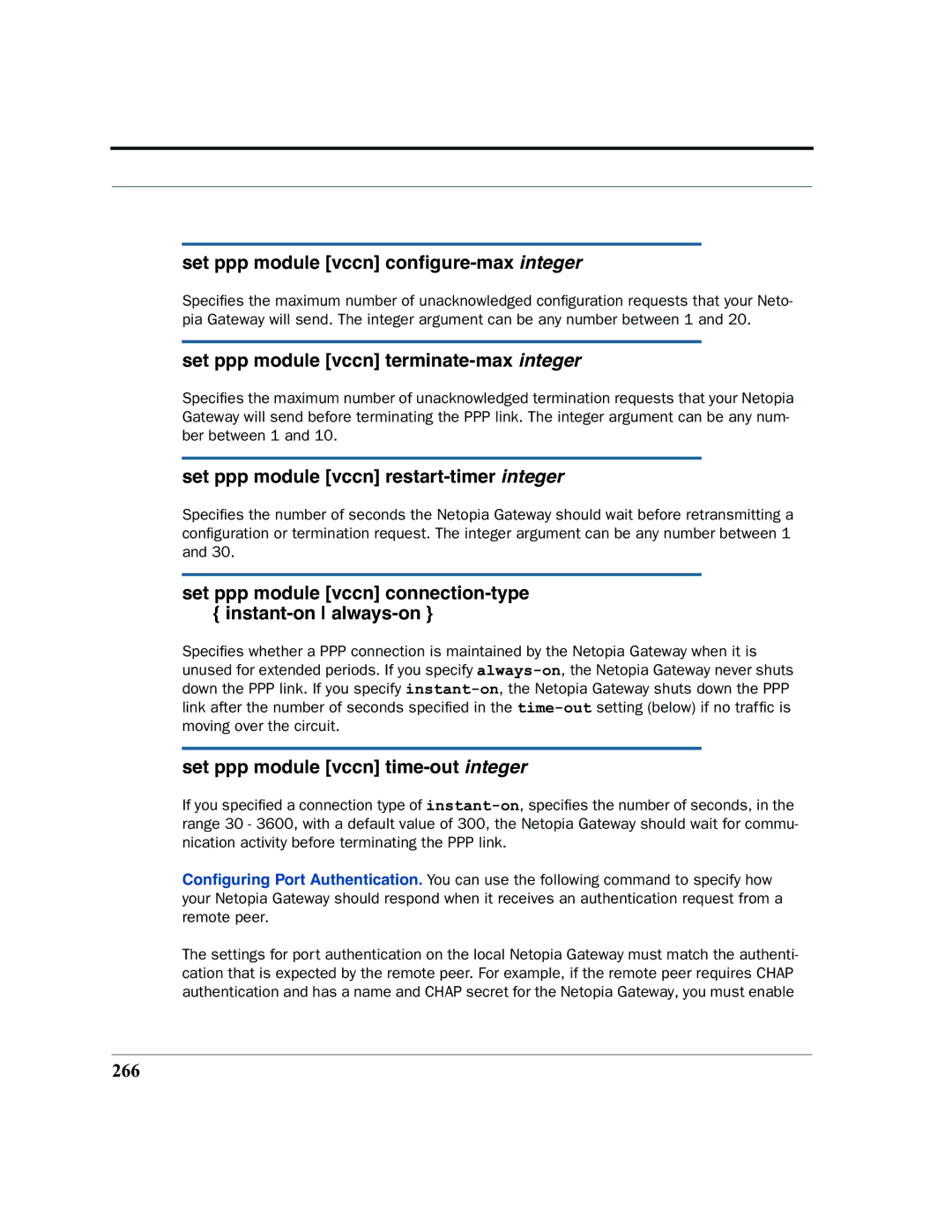 Netopia 2200 manual Set ppp module vccn conﬁgure-max integer, Set ppp module vccn terminate-max integer 