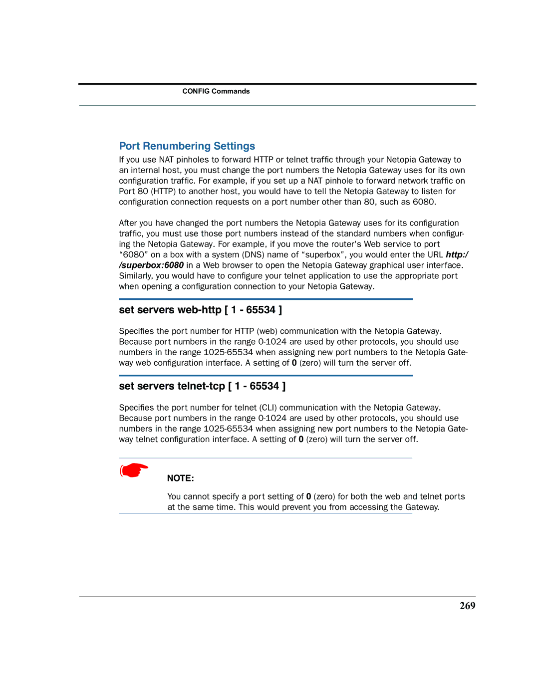 Netopia 2200 manual Port Renumbering Settings, Set servers web-http 1, Set servers telnet-tcp 1, 269 