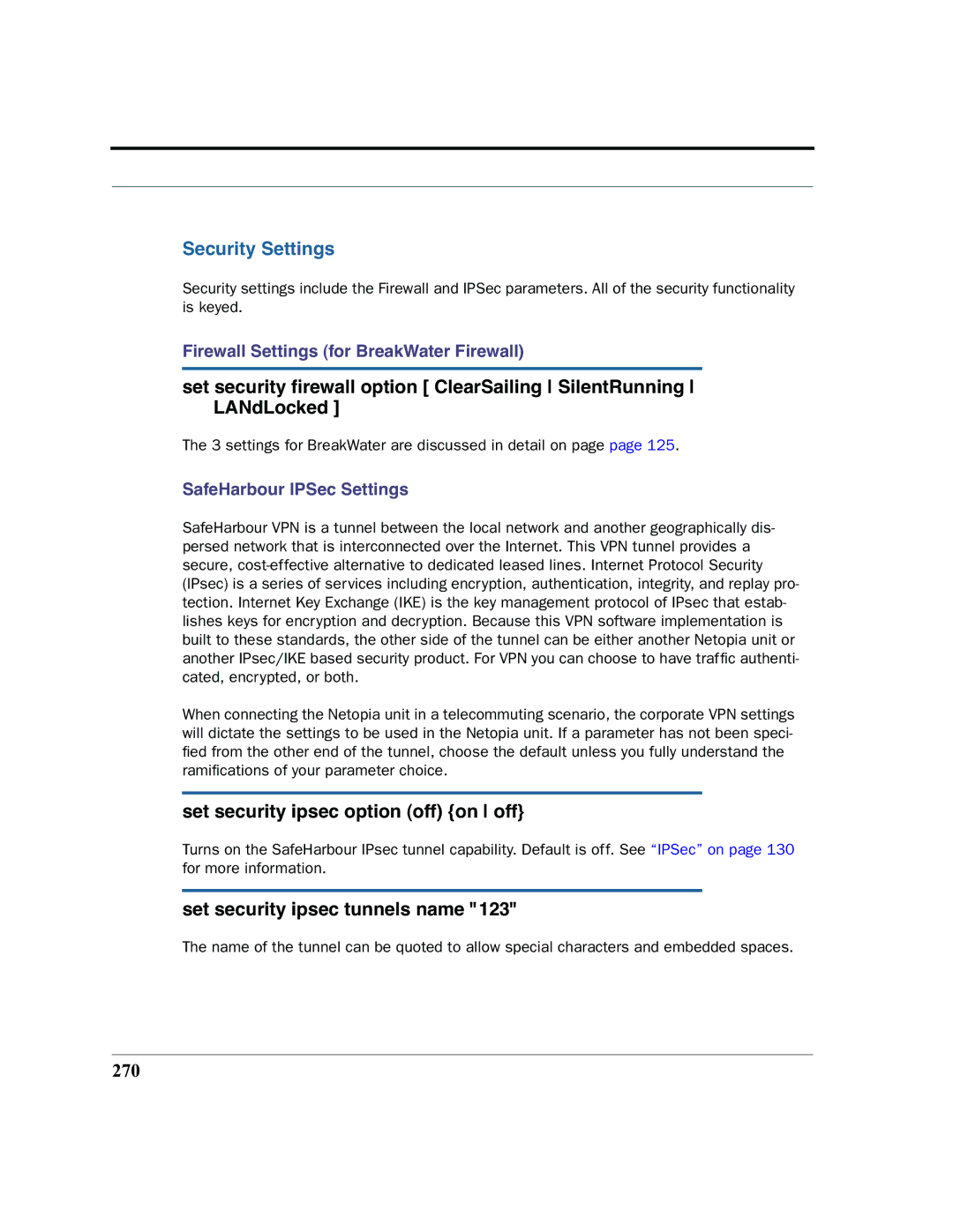 Netopia 2200 manual Security Settings, Set security ipsec option off on off, Set security ipsec tunnels name, 270 