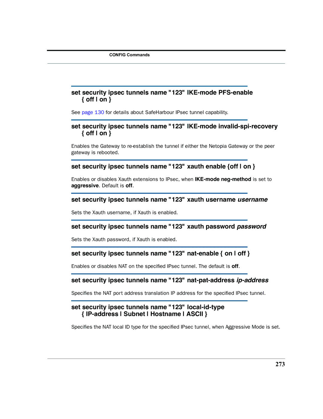 Netopia 2200 manual Set security ipsec tunnels name 123 xauth enable off on, 273 