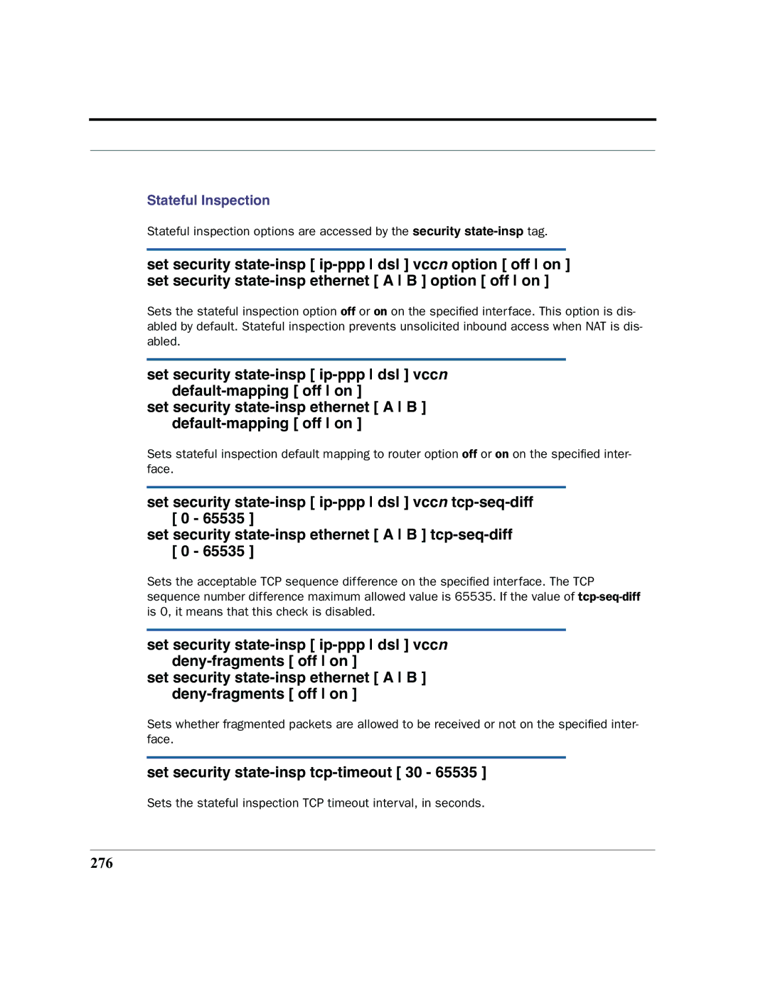 Netopia 2200 manual Set security state-insp tcp-timeout 30, 276 