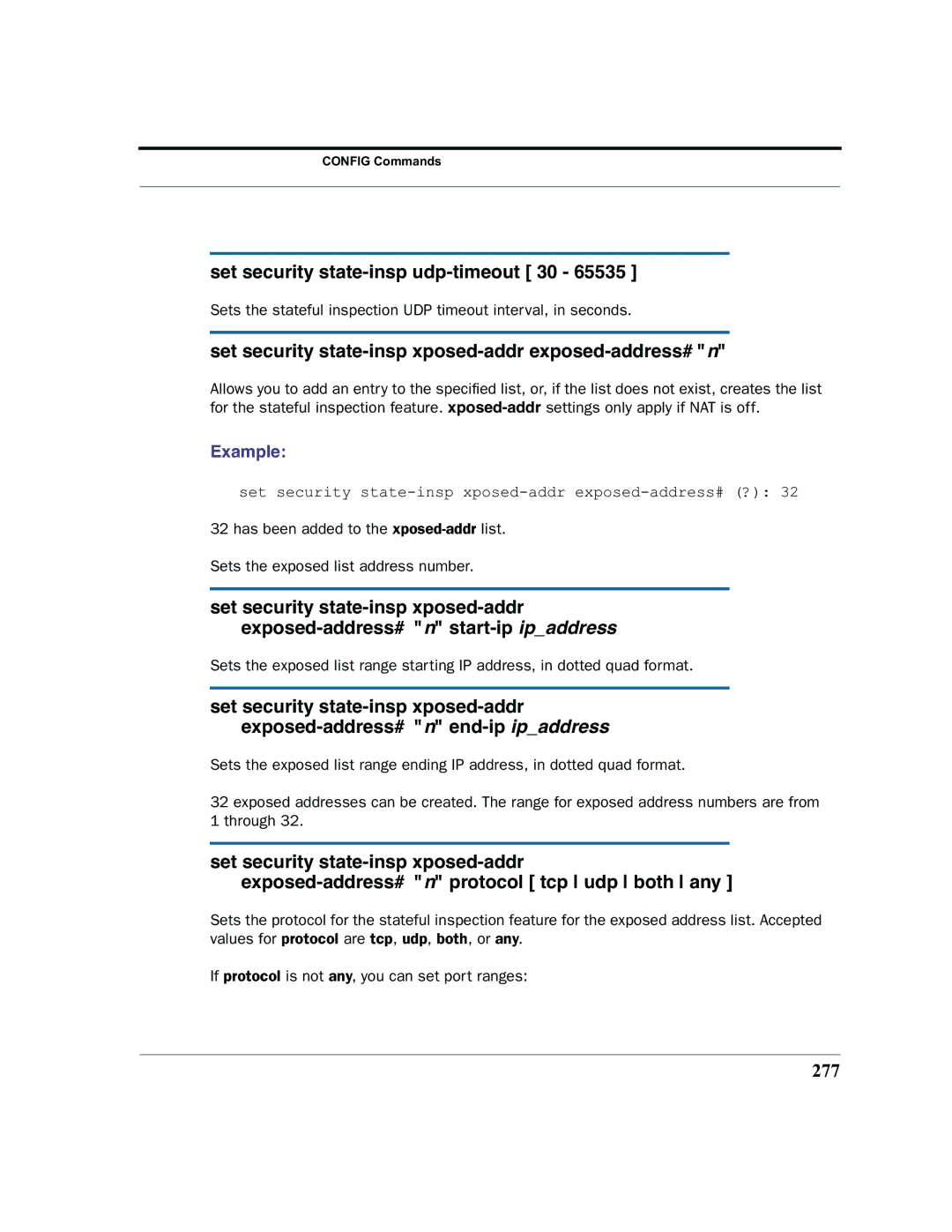 Netopia 2200 manual Set security state-insp udp-timeout 30, Set security state-insp xposed-addr exposed-address# n, 277 