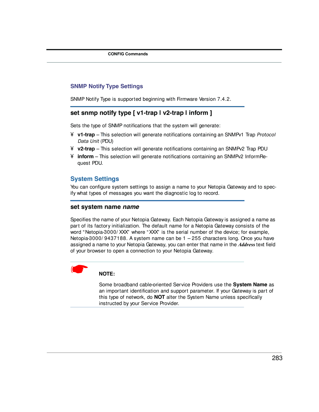 Netopia 2200 manual Set snmp notify type v1-trap v2-trap inform, System Settings, Set system name name, 283 
