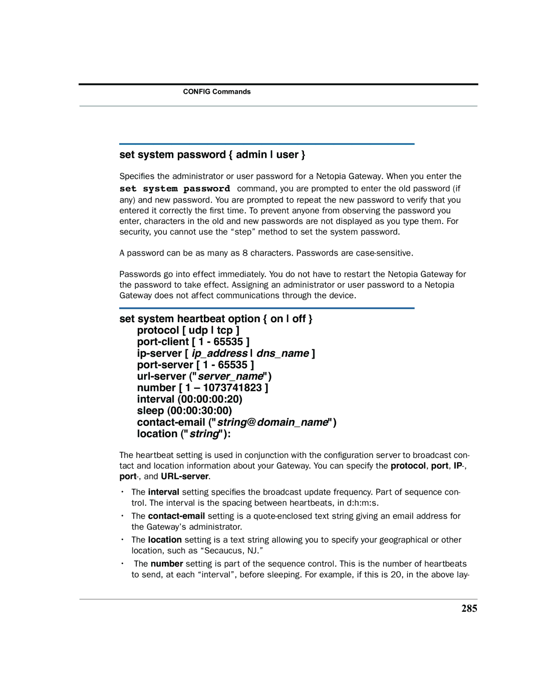 Netopia 2200 manual Set system password admin user, Sleep Contact-email string@domainname location string, 285 