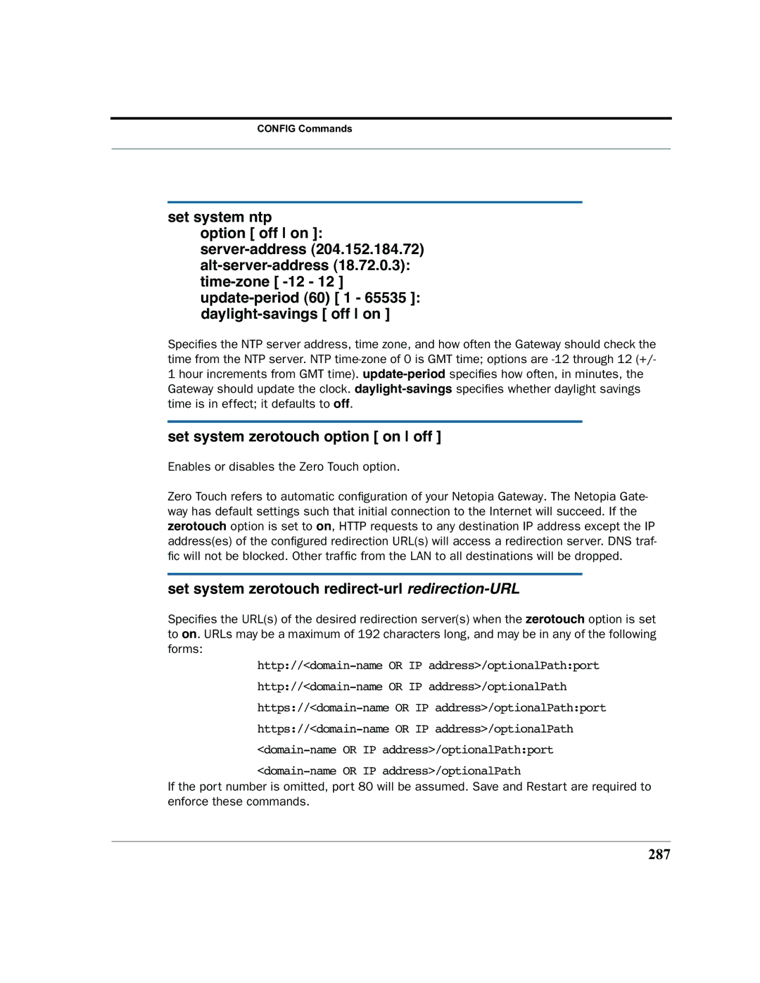 Netopia 2200 manual Set system zerotouch option on off, Set system zerotouch redirect-url redirection-URL, 287 