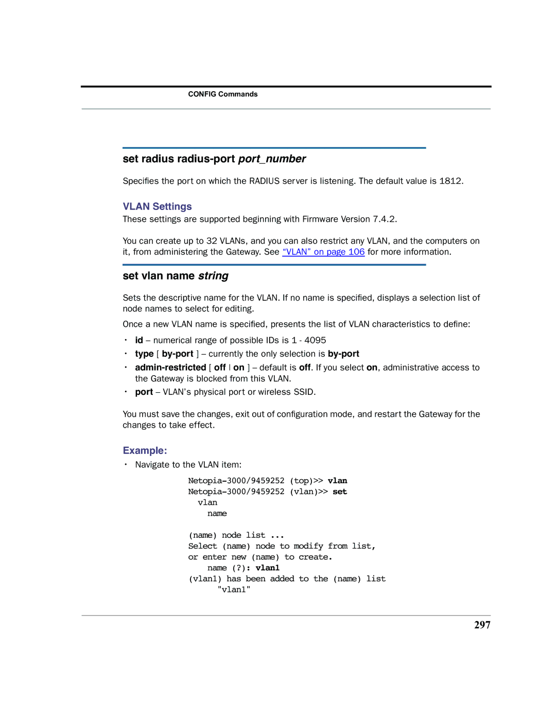 Netopia 2200 manual Set radius radius-port portnumber, Set vlan name string, 297 